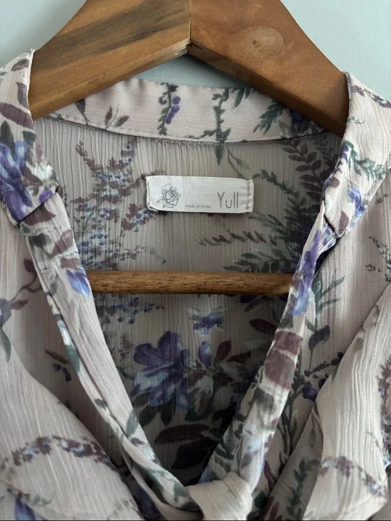 Korean Floral Tie-Neck Long Sleeve Midi Dress in Blush - Picture 4 of 9